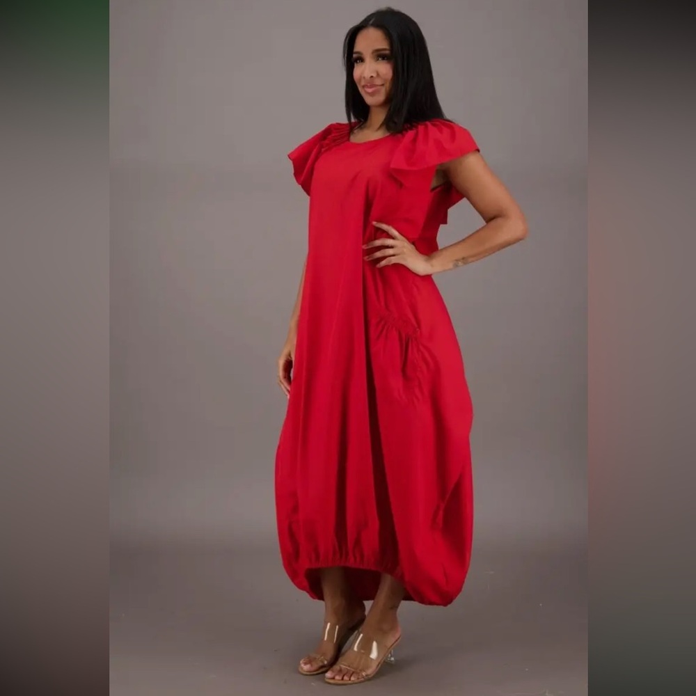 Advance Apparels Red Flutter Sleeve Midi Dress